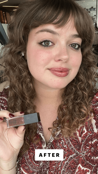 Hoffmann after applying the E.L.F. Cosmetics Glow Reviver Lip Oil in Jam Session.