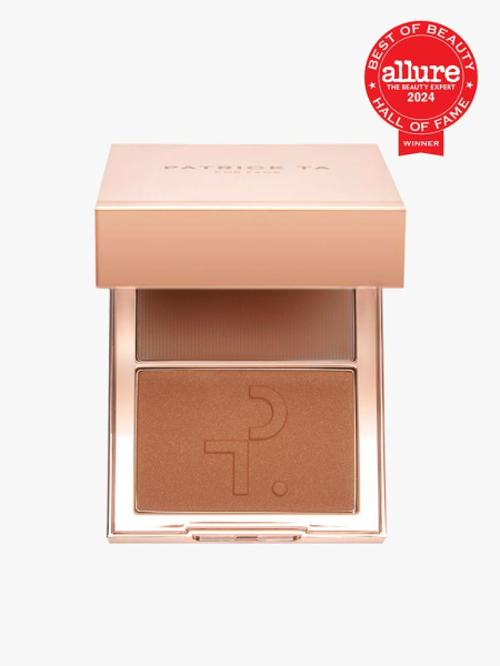 Patrick Ta Beauty Major Sculpt Crème Contour & Powder Bronzer Duo rose gold contour compact on light gray background with red Allure Best of Beauty Hall of Fame seal in the top right corner
