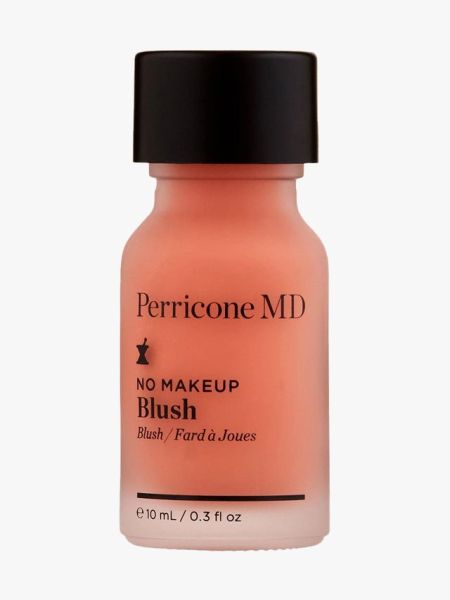 Perricone MD No Makeup Blush vial of peach liquid blush with black cap on light gray background
