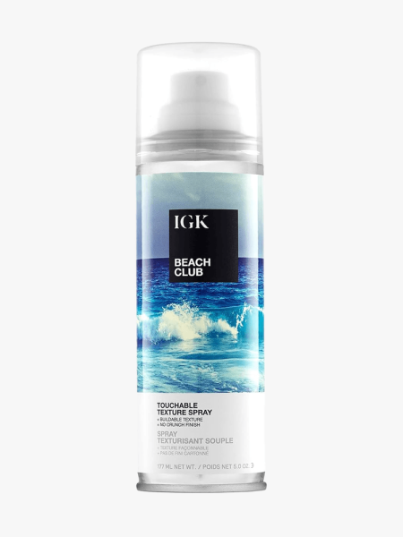 IGK Beach Club Texture Spray in branded component on a light gray background