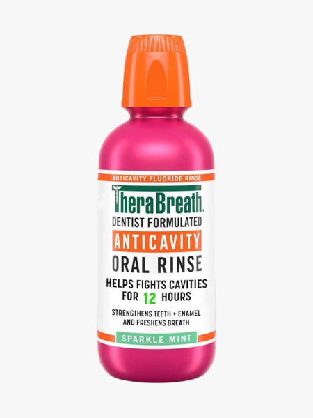 TheraBreath Anticavity Fluoride Mouthwash in branded bottle component on a light gray background