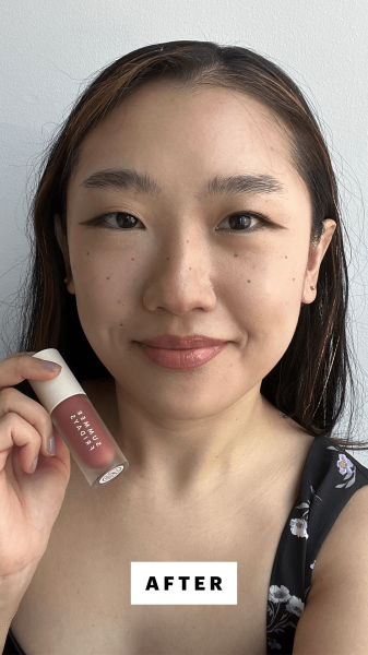 Han after applying Summer Fridays Dream Lip Oil in Soft Mauve to her lips