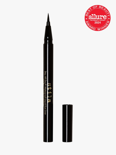 Stila Stay All Day Waterproof Liquid Eye Liner in black with gold accents on a light gray background with red Allure Best of Beauty seal in the top right corner