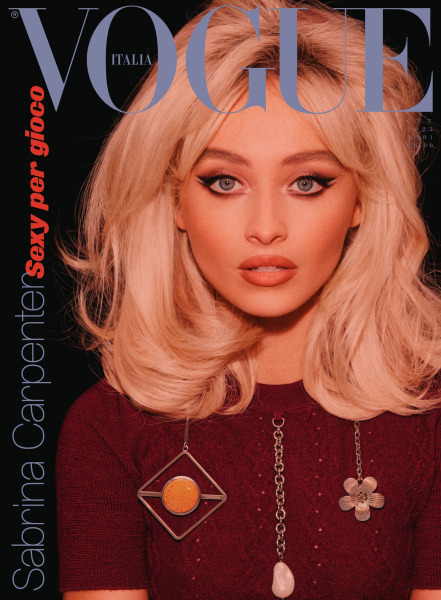 Sabrina Carpenter on the cover of Vogue Italia wearing a burgundy sweater with metal charms