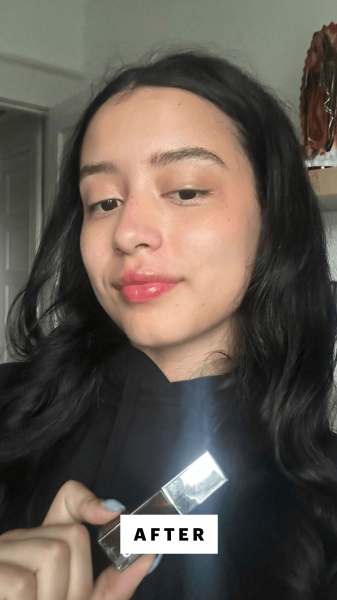 Rengifo after applying the Clinique Pop Lip Cheek Oil in Black Honey to her lips and cheeks.